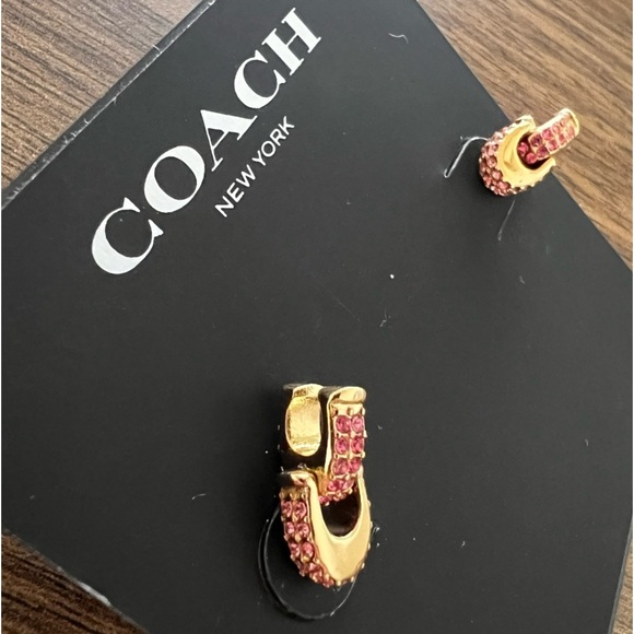 Coach Gold with Pink Crystal Double "C" Earrings NWT - Picture 4 of 5
